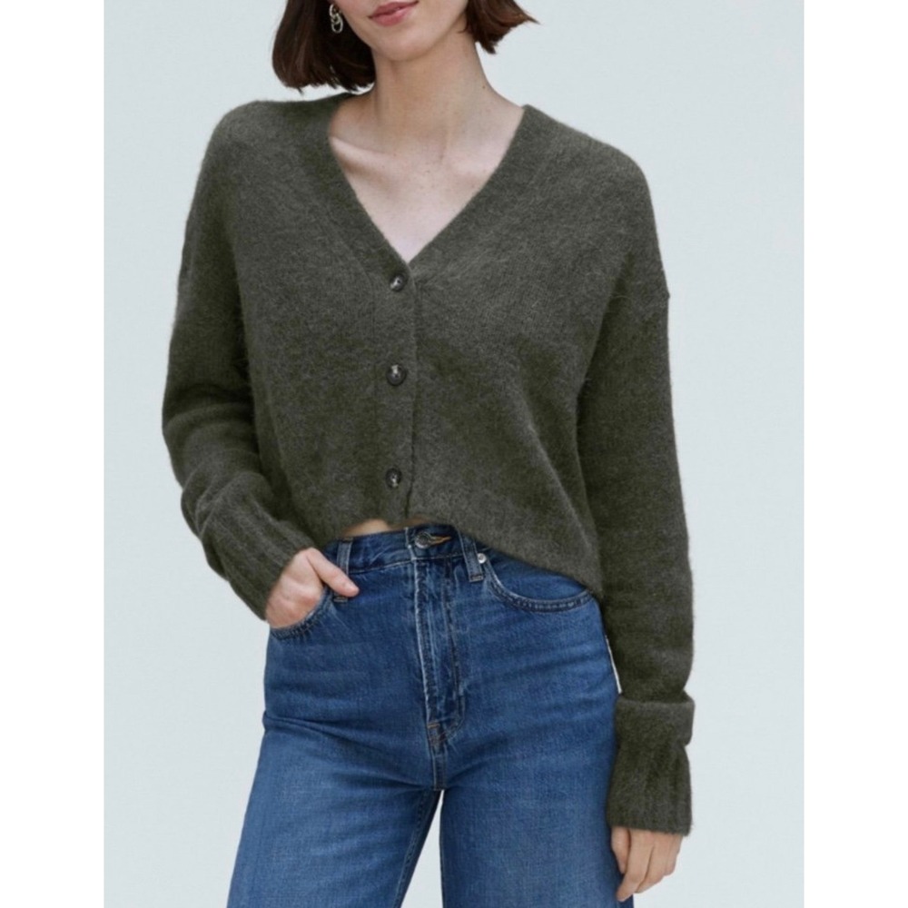 Everlane Cardigan Cropped Alpaca Blend Button Front V neck Olive Green Large